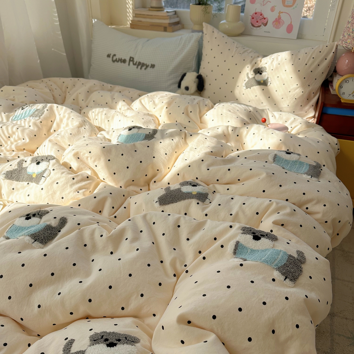 91家纺网 家纺一手货源 找家纺 顾里家纺 2026春夏新款ins可爱风云朵毛巾绣四件套（会员-3元  床笠定制不退换0 波点狗狗