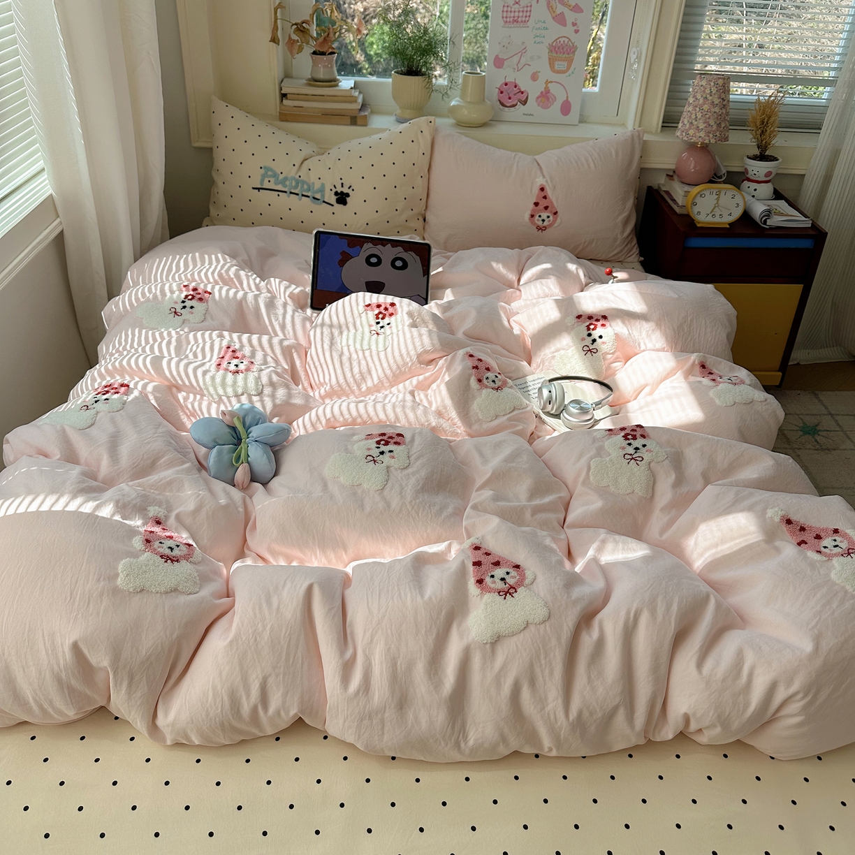 91家纺网 家纺一手货源 找家纺 顾里家纺 2026春夏新款ins可爱风云朵毛巾绣四件套（会员-3元  床笠定制不退换0 波点修狗