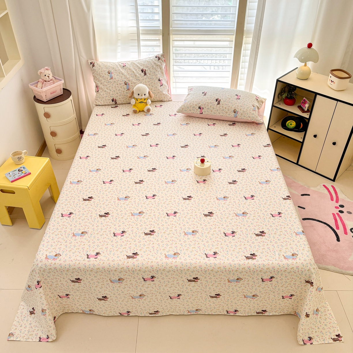 91家纺网 家纺一手货源 找家纺 雅居纺家纺 2026新款全棉纯棉单床单床笠枕套单件单品系列 单品 碎花腊肠狗