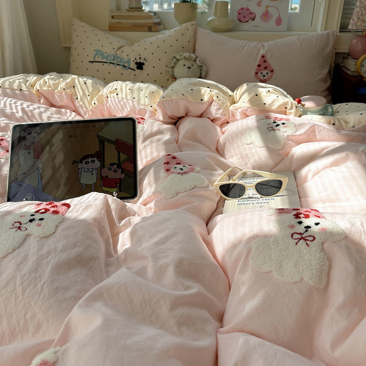 91家纺网 家纺一手货源 找家纺 顾里家纺 2026春夏新款ins可爱风云朵毛巾绣四件套（会员-3元  床笠定制不退换0 波点修狗