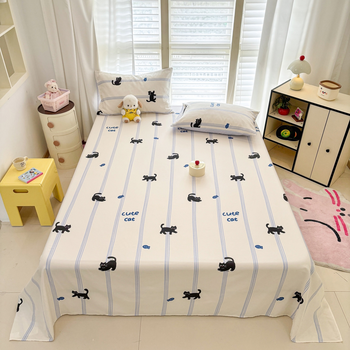 雅居纺家纺 2026新款全棉纯棉单床单床笠枕套单件单品系列 单品 可爱小猫