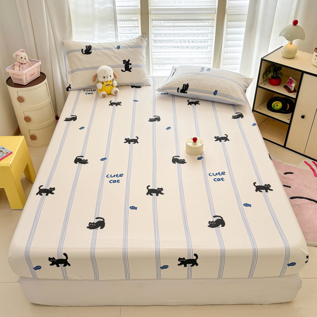 91家纺网 家纺一手货源 找家纺 雅居纺家纺 2026新款全棉纯棉单床单床笠枕套单件单品系列 单品 可爱小猫