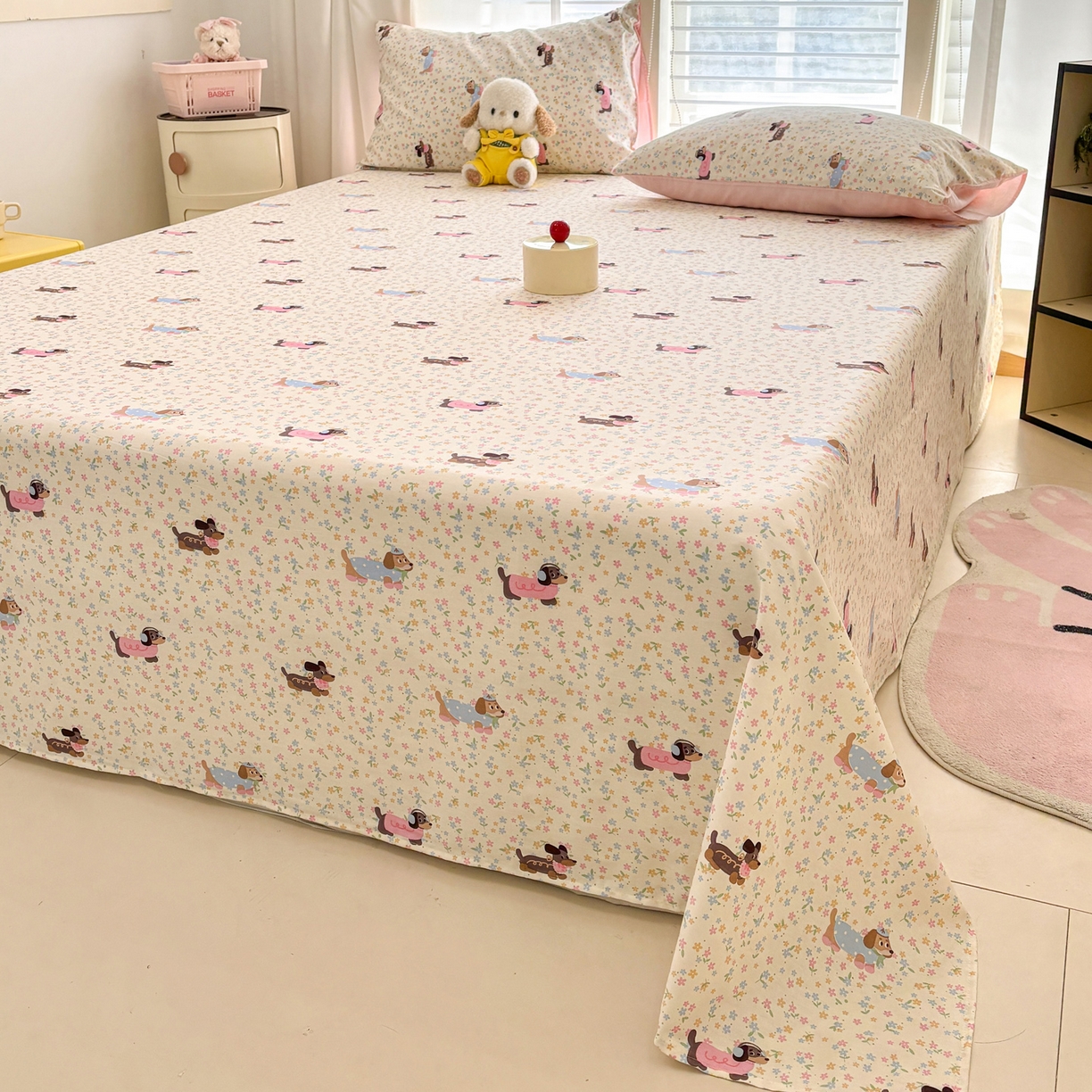 91家纺网 家纺一手货源 找家纺 雅居纺家纺 2026新款全棉纯棉单床单床笠枕套单件单品系列 单品 碎花腊肠狗