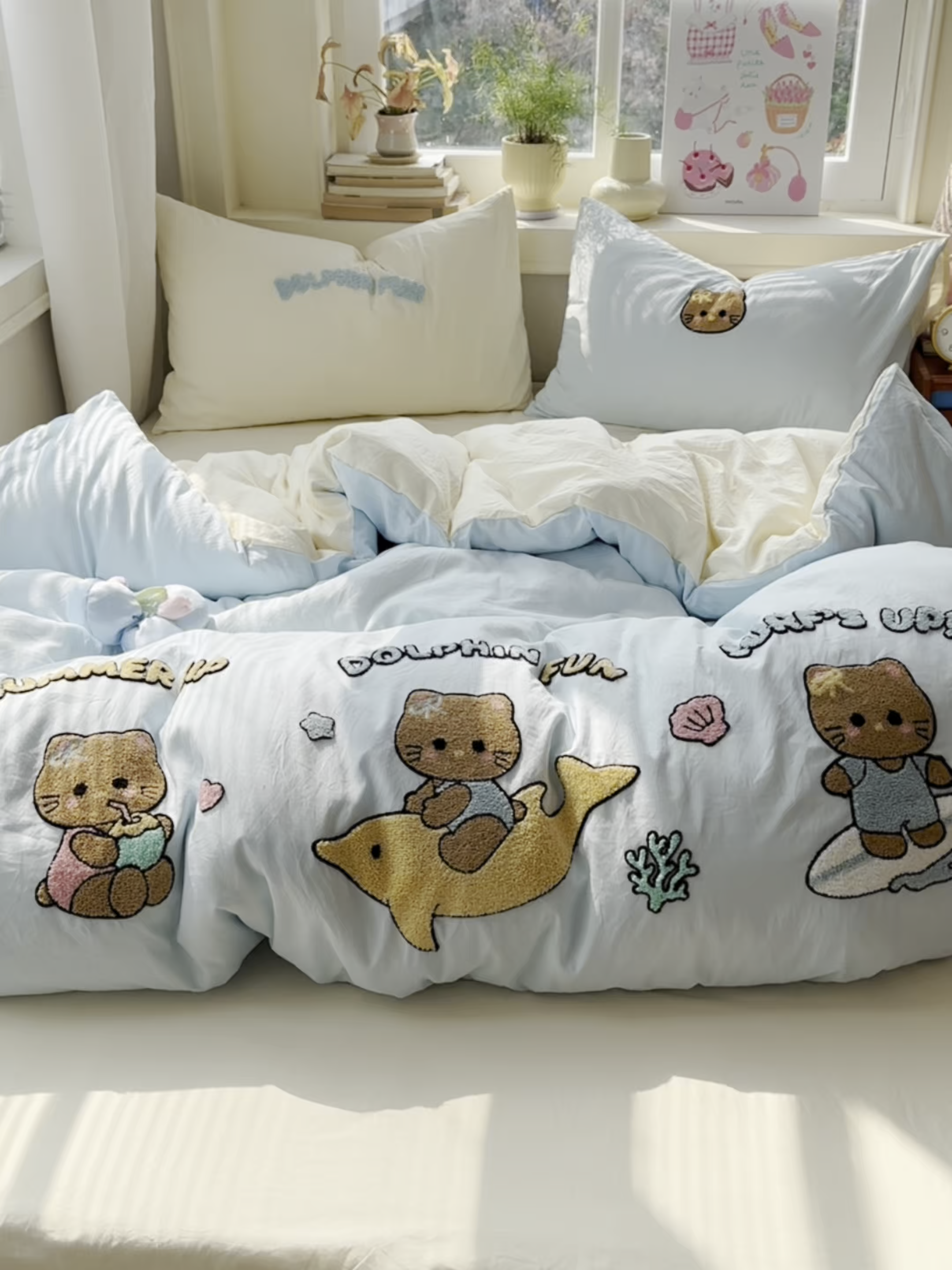 91家纺网 家纺一手货源 找家纺 顾里家纺 2026春夏新款ins可爱风云朵毛巾绣四件套（会员-3元  床笠定制不退换0 冲浪黑皮猫