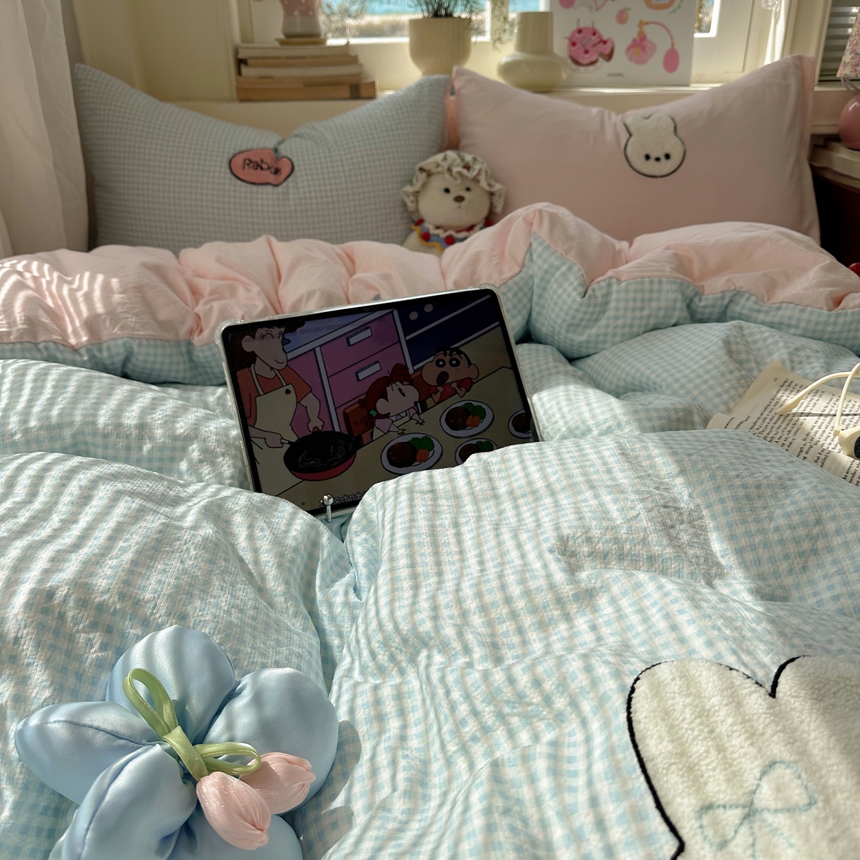 91家纺网 家纺一手货源 找家纺 顾里家纺 2026春夏新款ins可爱风云朵毛巾绣四件套（会员-3元  床笠定制不退换0 乖乖兔