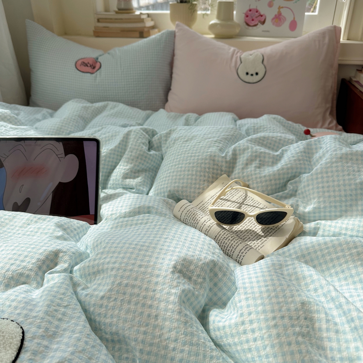 91家纺网 家纺一手货源 找家纺 顾里家纺 2026春夏新款ins可爱风云朵毛巾绣四件套（会员-3元  床笠定制不退换0 乖乖兔