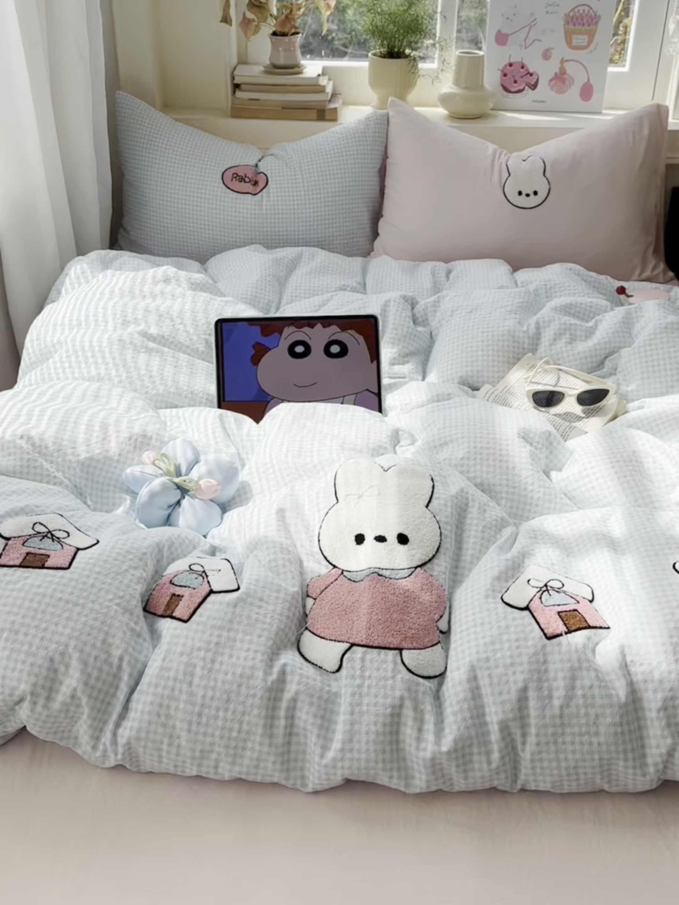 91家纺网 家纺一手货源 找家纺 顾里家纺 2026春夏新款ins可爱风云朵毛巾绣四件套（会员-3元  床笠定制不退换0 乖乖兔