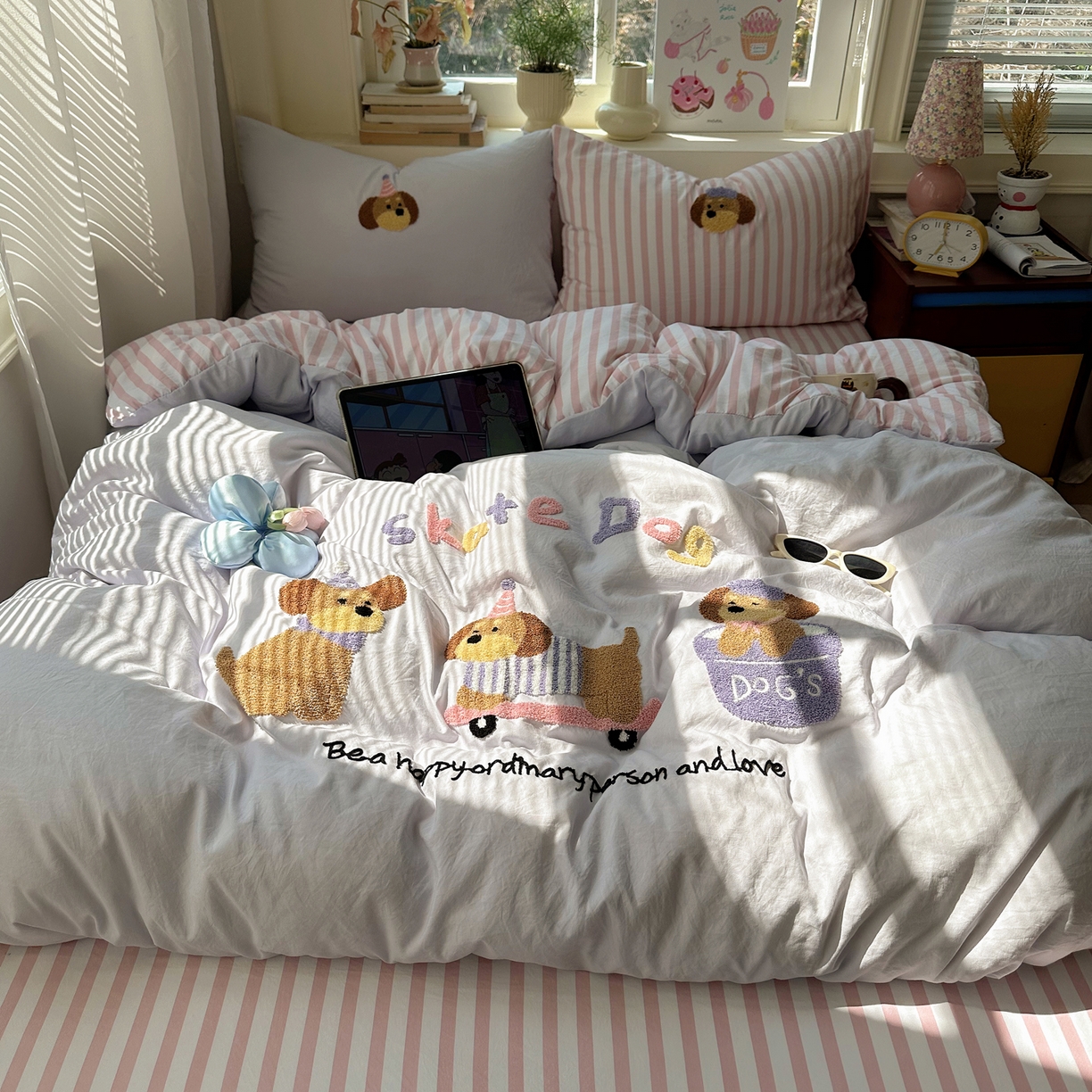 顾里家纺 2026春夏新款ins可爱风云朵毛巾绣四件套（会员-3元  床笠定制不退换0 滑板狗