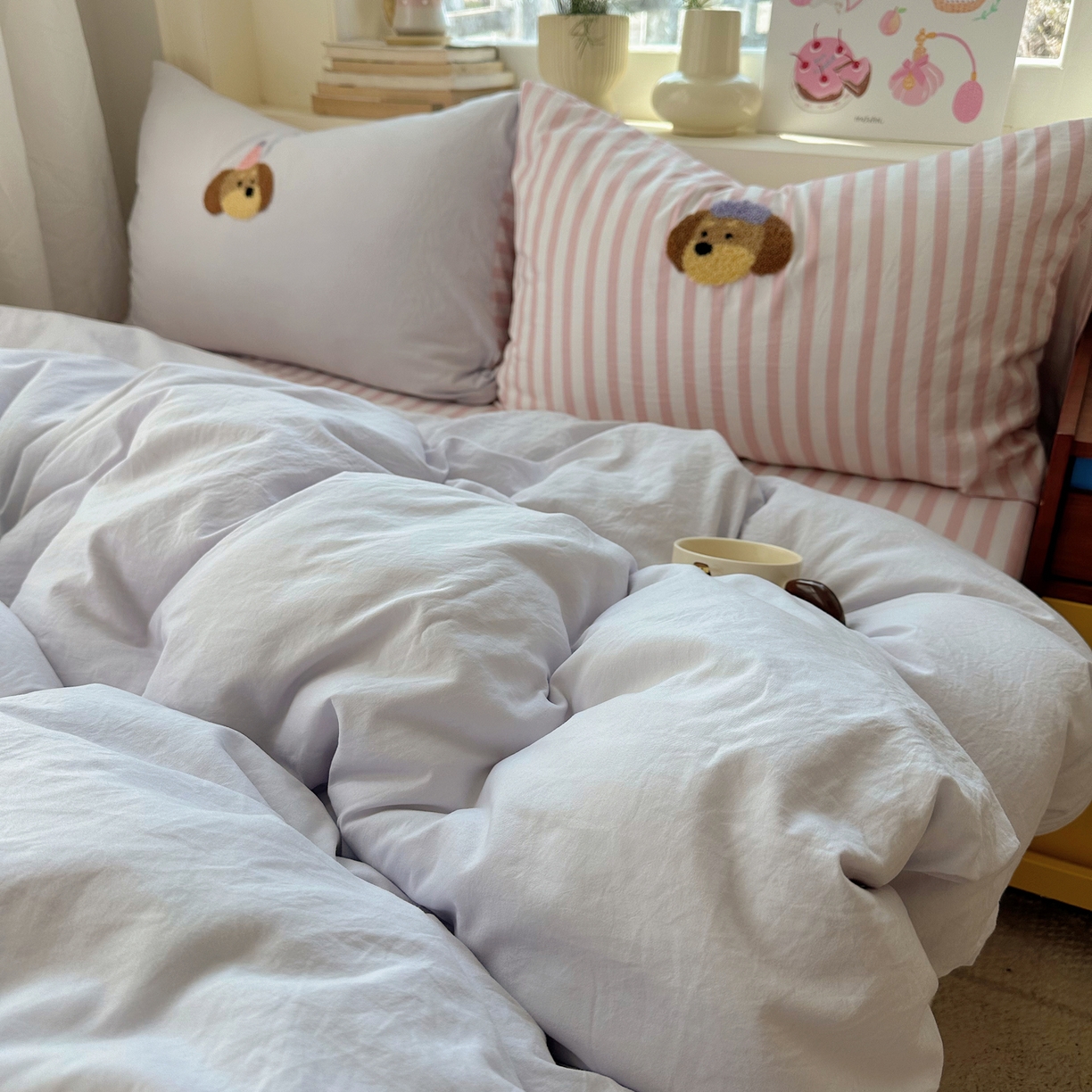 91家纺网 家纺一手货源 找家纺 顾里家纺 2026春夏新款ins可爱风云朵毛巾绣四件套（会员-3元  床笠定制不退换0 滑板狗