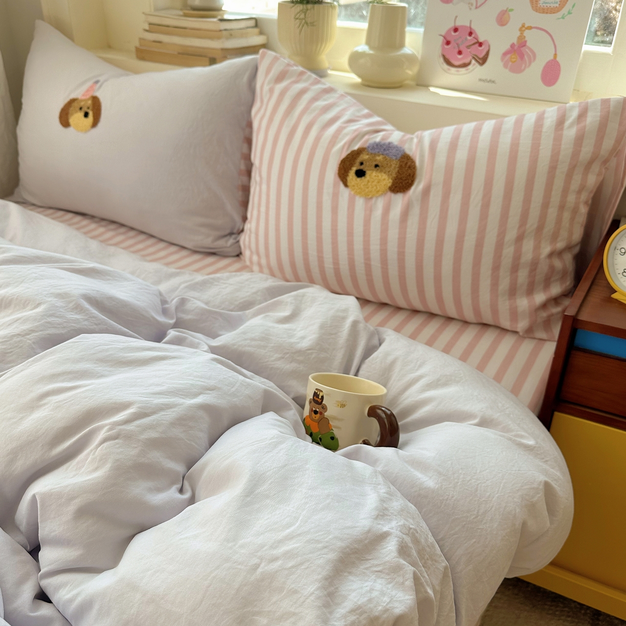 91家纺网 家纺一手货源 找家纺 顾里家纺 2026春夏新款ins可爱风云朵毛巾绣四件套（会员-3元  床笠定制不退换0 滑板狗