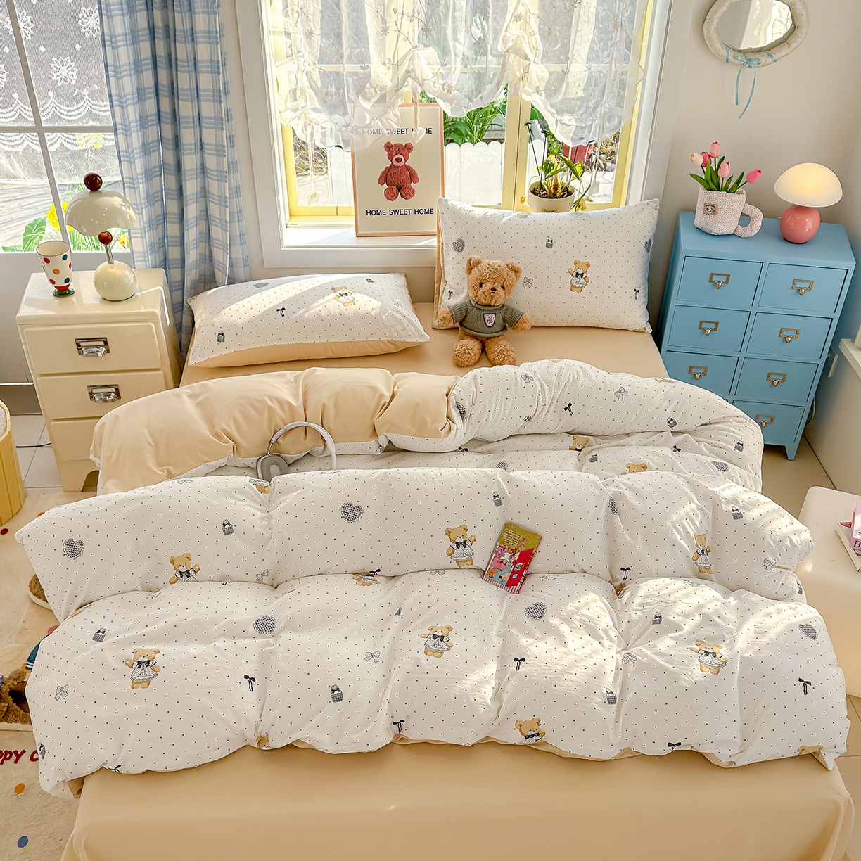 91家纺网 家纺一手货源 找家纺 元禾 2026新款A类古法水洗仿棉云感纱四件套 波点熊