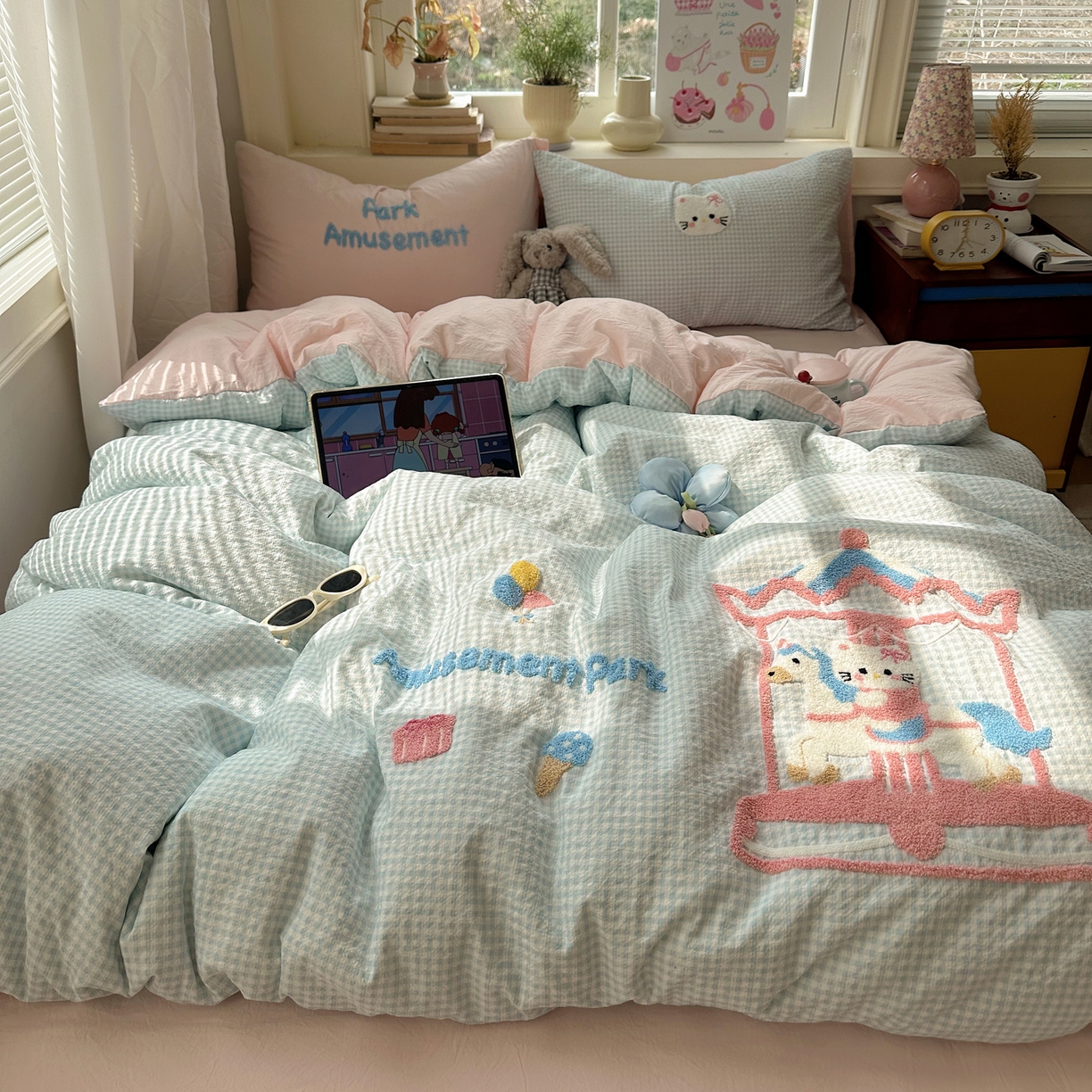 顾里家纺 2026春夏新款ins可爱风云朵毛巾绣四件套（会员-3元  床笠定制不退换0 木马猫咪