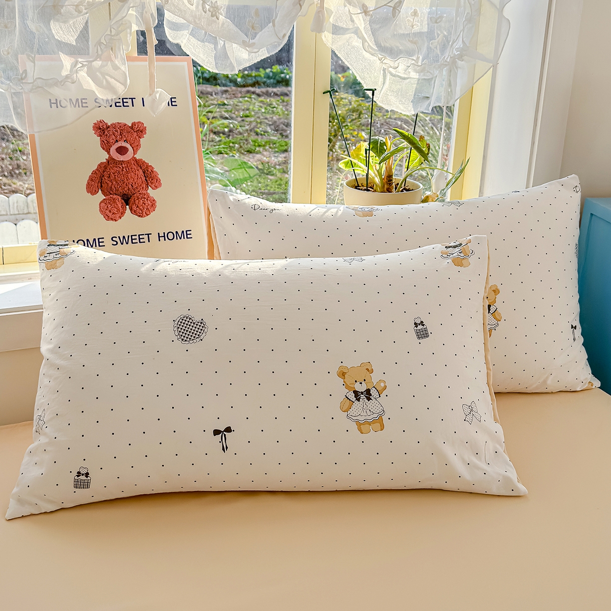 91家纺网 家纺一手货源 找家纺 元禾 2026新款A类古法水洗仿棉云感纱四件套 波点熊