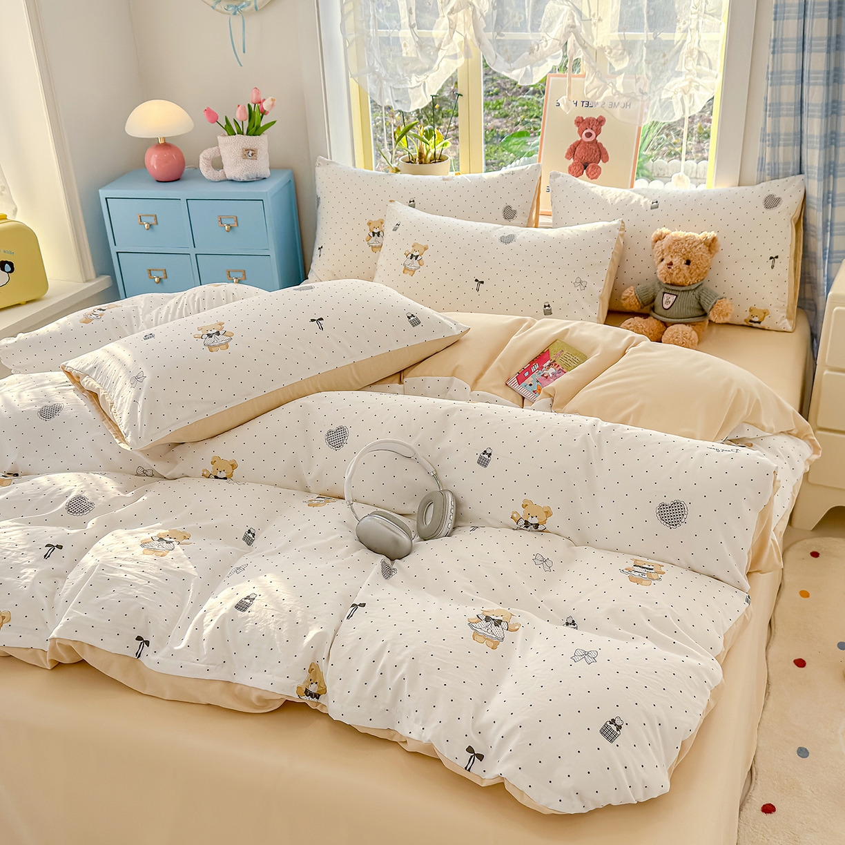 91家纺网 家纺一手货源 找家纺 元禾 2026新款A类古法水洗仿棉云感纱四件套 波点熊