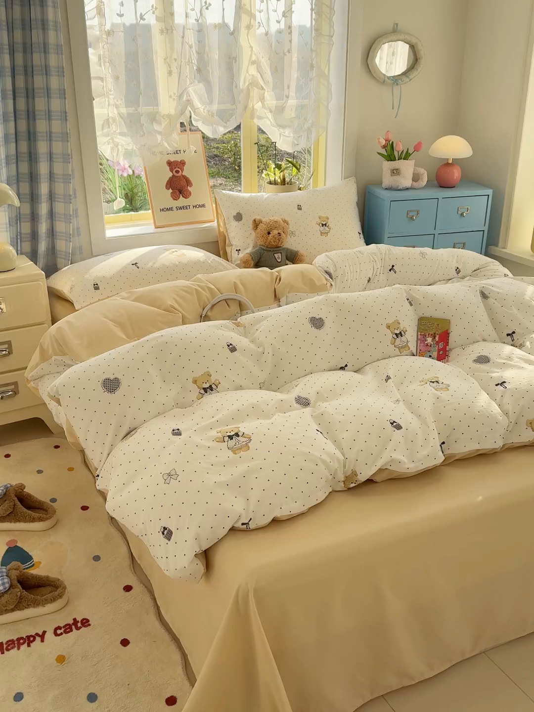 91家纺网 家纺一手货源 找家纺 元禾 2026新款A类古法水洗仿棉云感纱四件套 波点熊