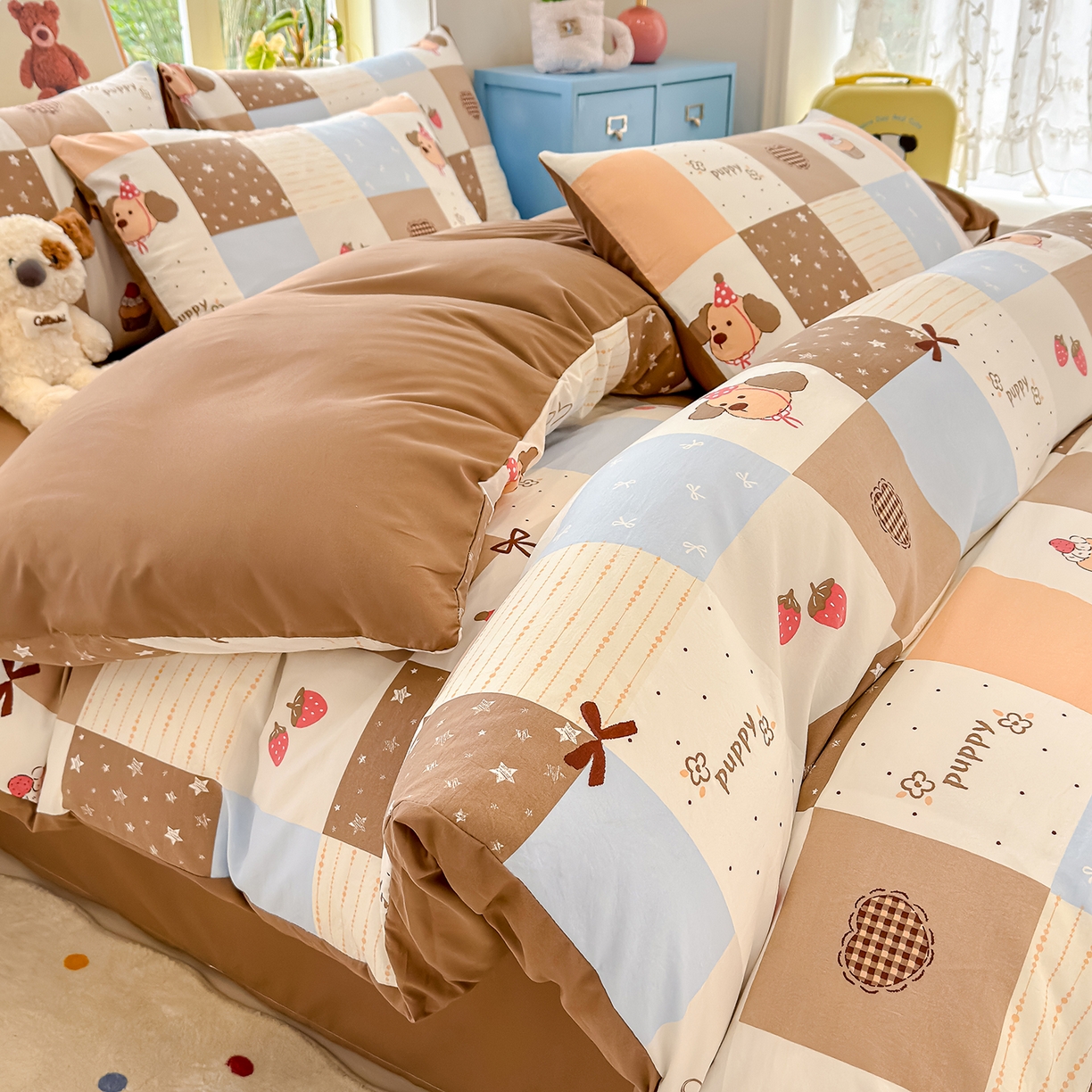 元禾 2026新款A类古法水洗仿棉云感纱四件套 布丁狗