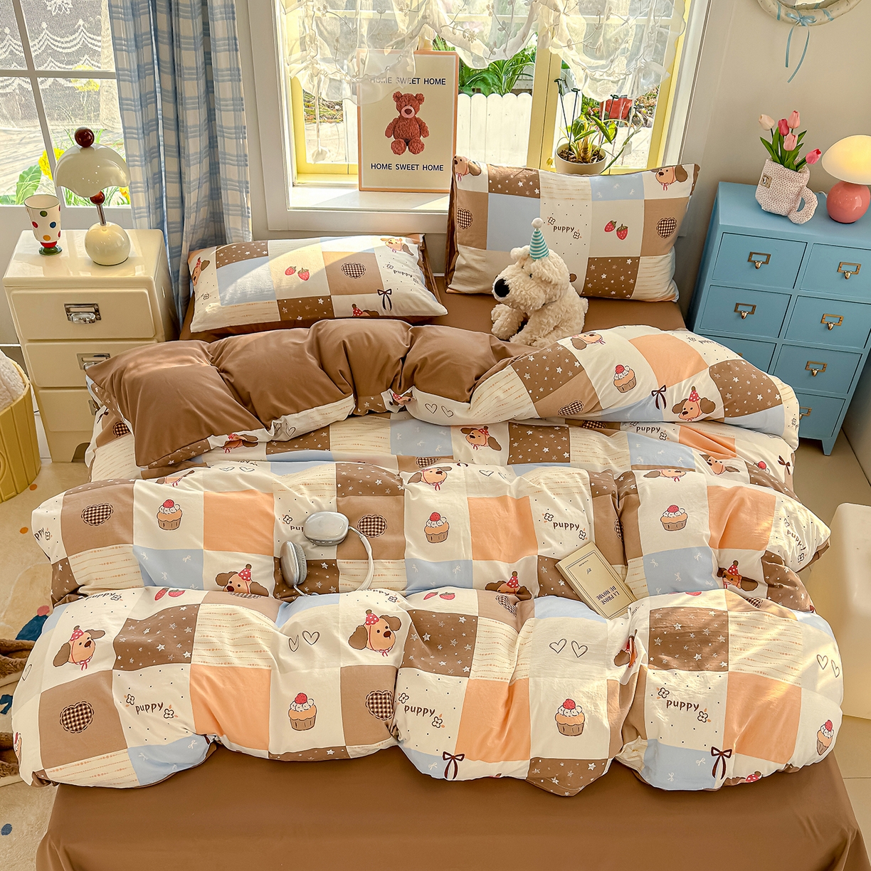 91家纺网 家纺一手货源 找家纺 元禾 2026新款A类古法水洗仿棉云感纱四件套 布丁狗