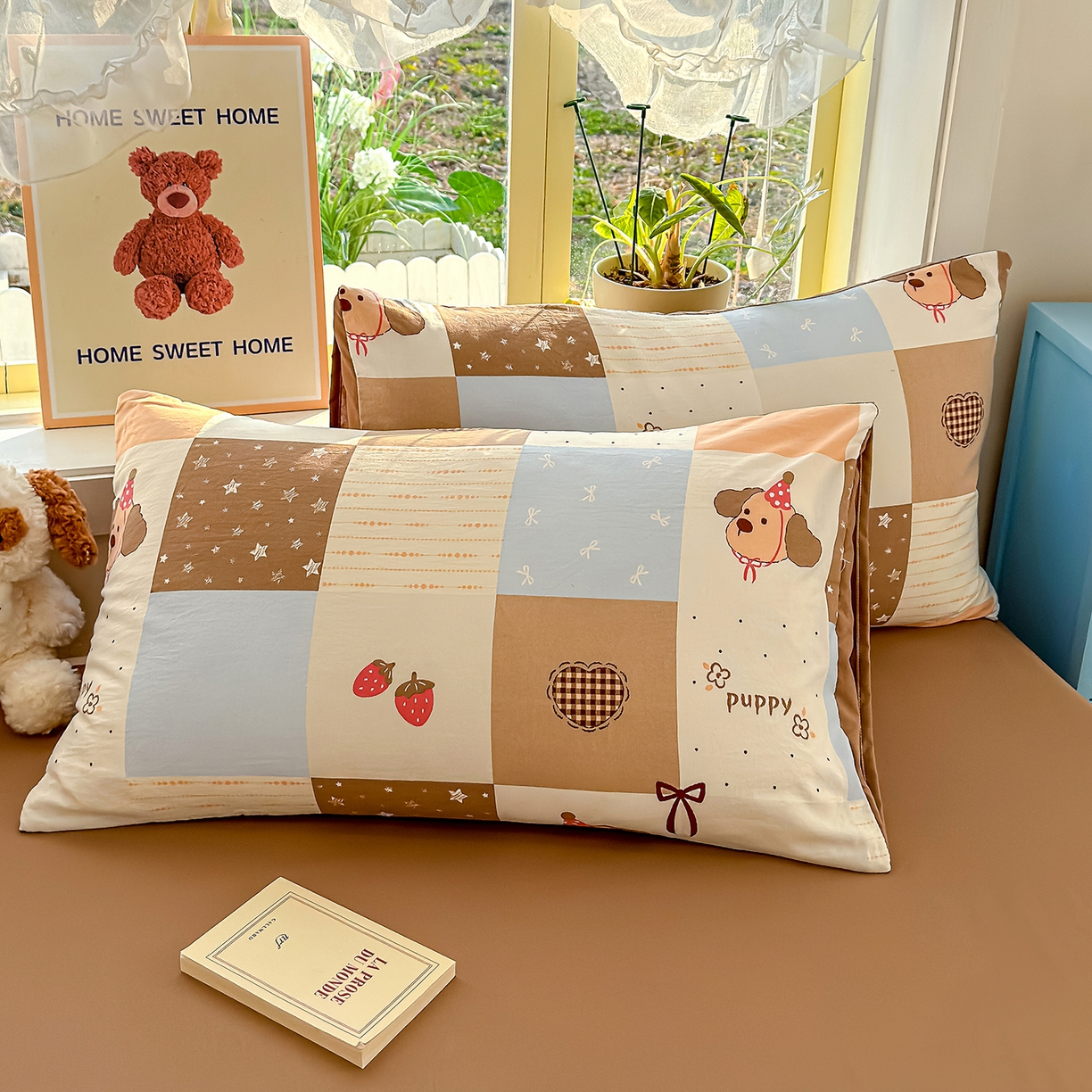 91家纺网 家纺一手货源 找家纺 元禾 2026新款A类古法水洗仿棉云感纱四件套 布丁狗