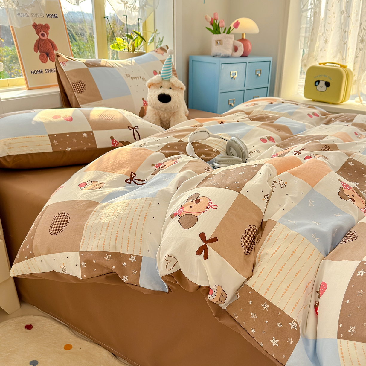 91家纺网 家纺一手货源 找家纺 元禾 2026新款A类古法水洗仿棉云感纱四件套 布丁狗