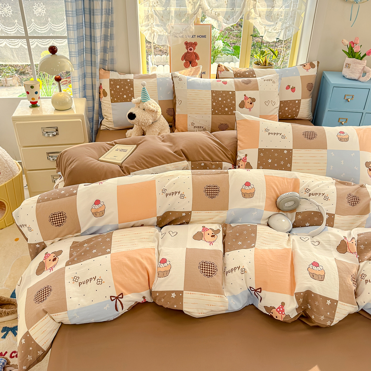 91家纺网 家纺一手货源 找家纺 元禾 2026新款A类古法水洗仿棉云感纱四件套 布丁狗