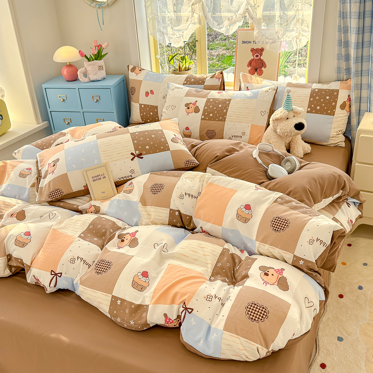 91家纺网 家纺一手货源 找家纺 元禾 2026新款A类古法水洗仿棉云感纱四件套 布丁狗