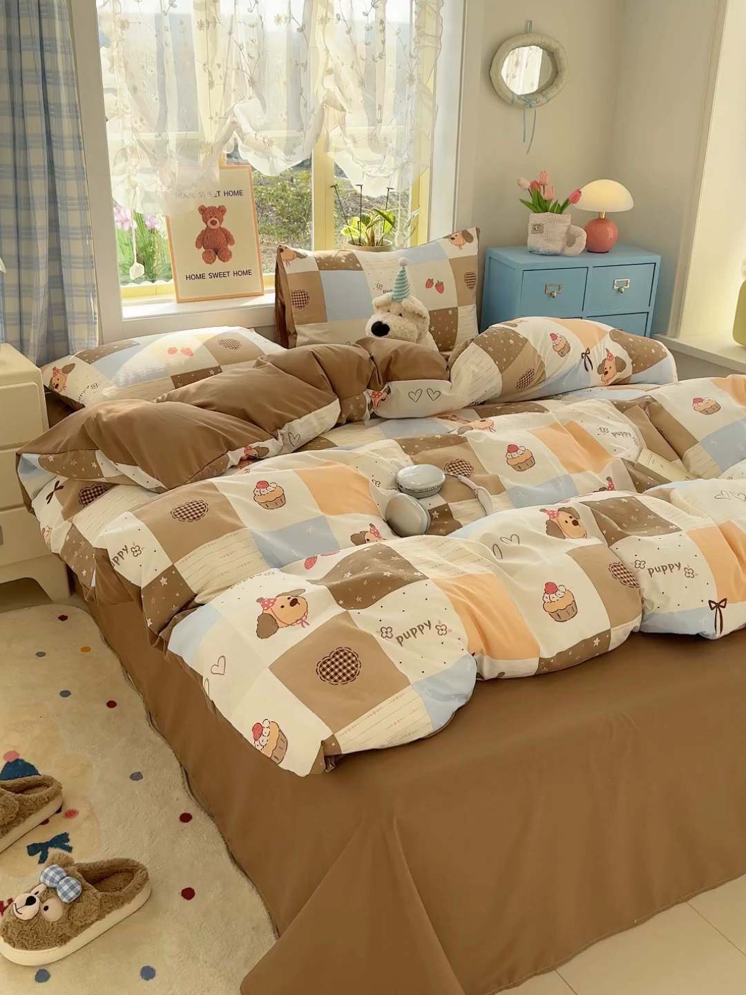 91家纺网 家纺一手货源 找家纺 元禾 2026新款A类古法水洗仿棉云感纱四件套 布丁狗