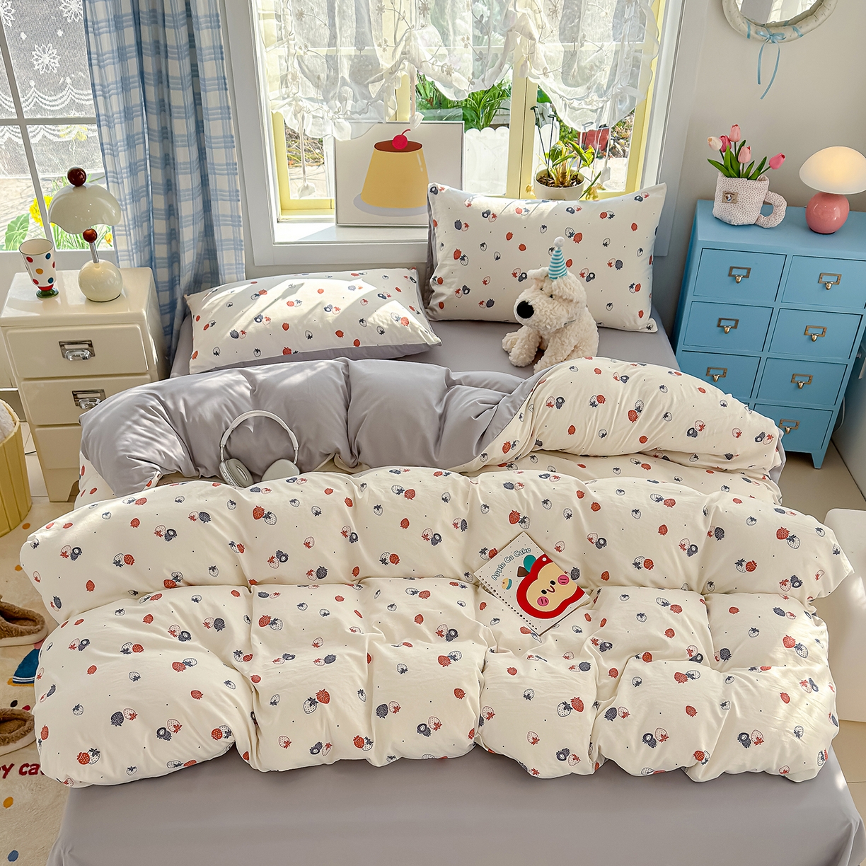 91家纺网 家纺一手货源 找家纺 元禾 2026新款A类古法水洗仿棉云感纱四件套 草莓啵啵