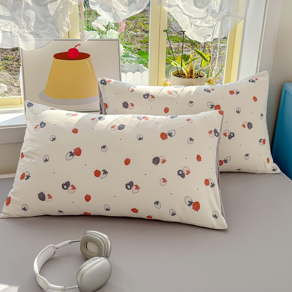 91家纺网 家纺一手货源 找家纺 元禾 2026新款A类古法水洗仿棉云感纱四件套 草莓啵啵