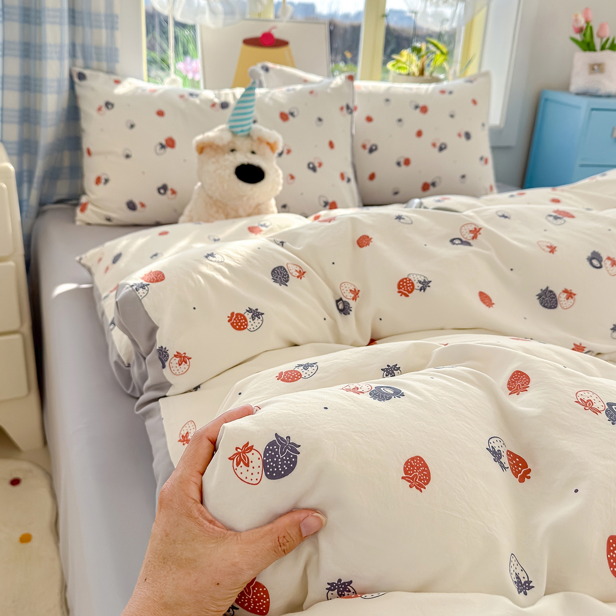 91家纺网 家纺一手货源 找家纺 元禾 2026新款A类古法水洗仿棉云感纱四件套 草莓啵啵