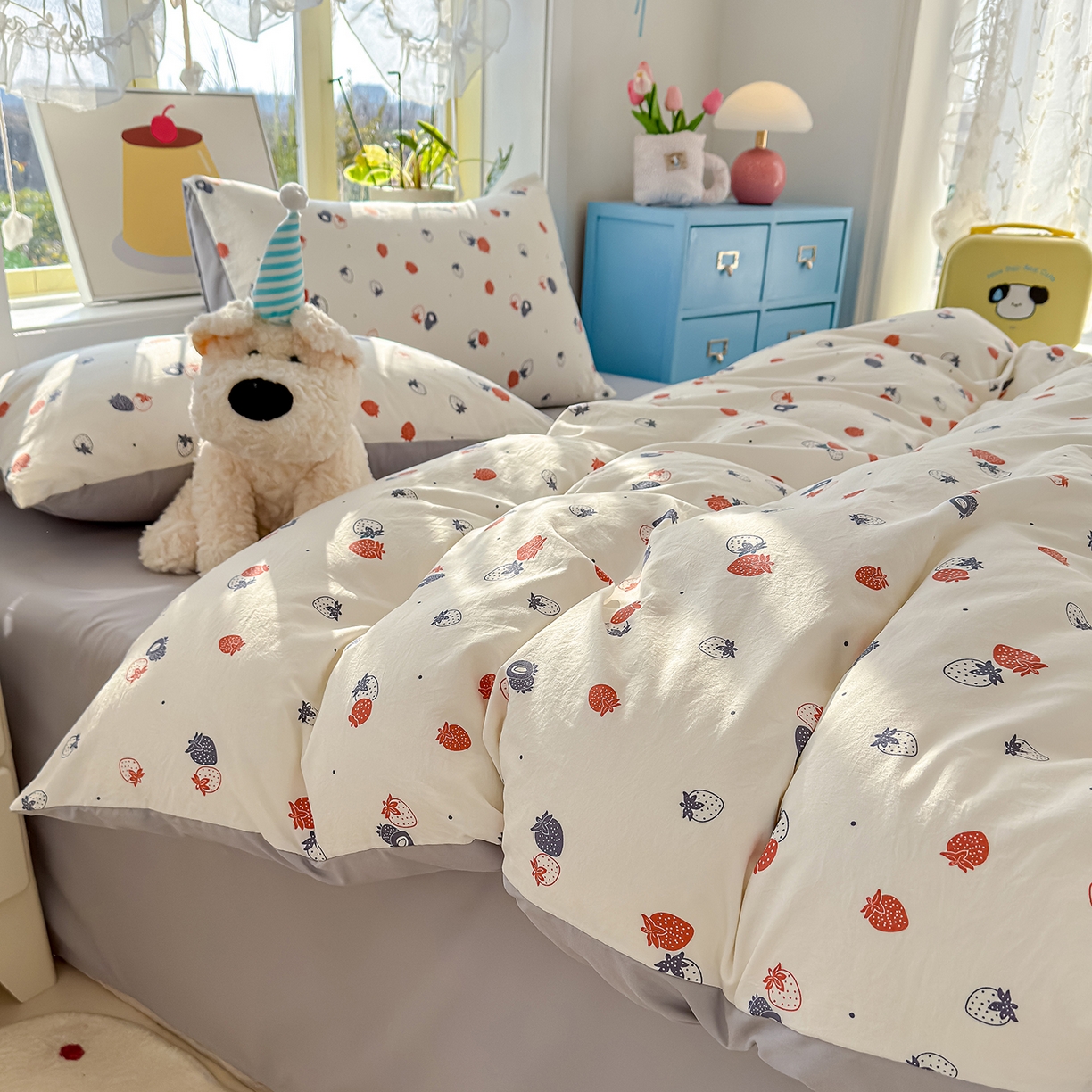 91家纺网 家纺一手货源 找家纺 元禾 2026新款A类古法水洗仿棉云感纱四件套 草莓啵啵