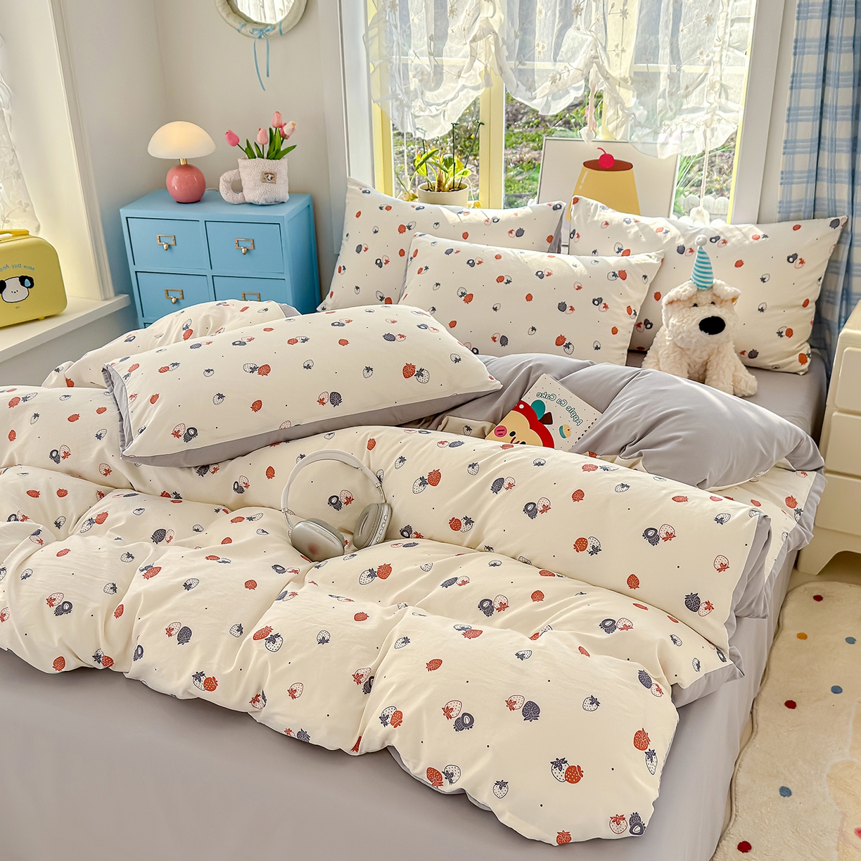 91家纺网 家纺一手货源 找家纺 元禾 2026新款A类古法水洗仿棉云感纱四件套 草莓啵啵