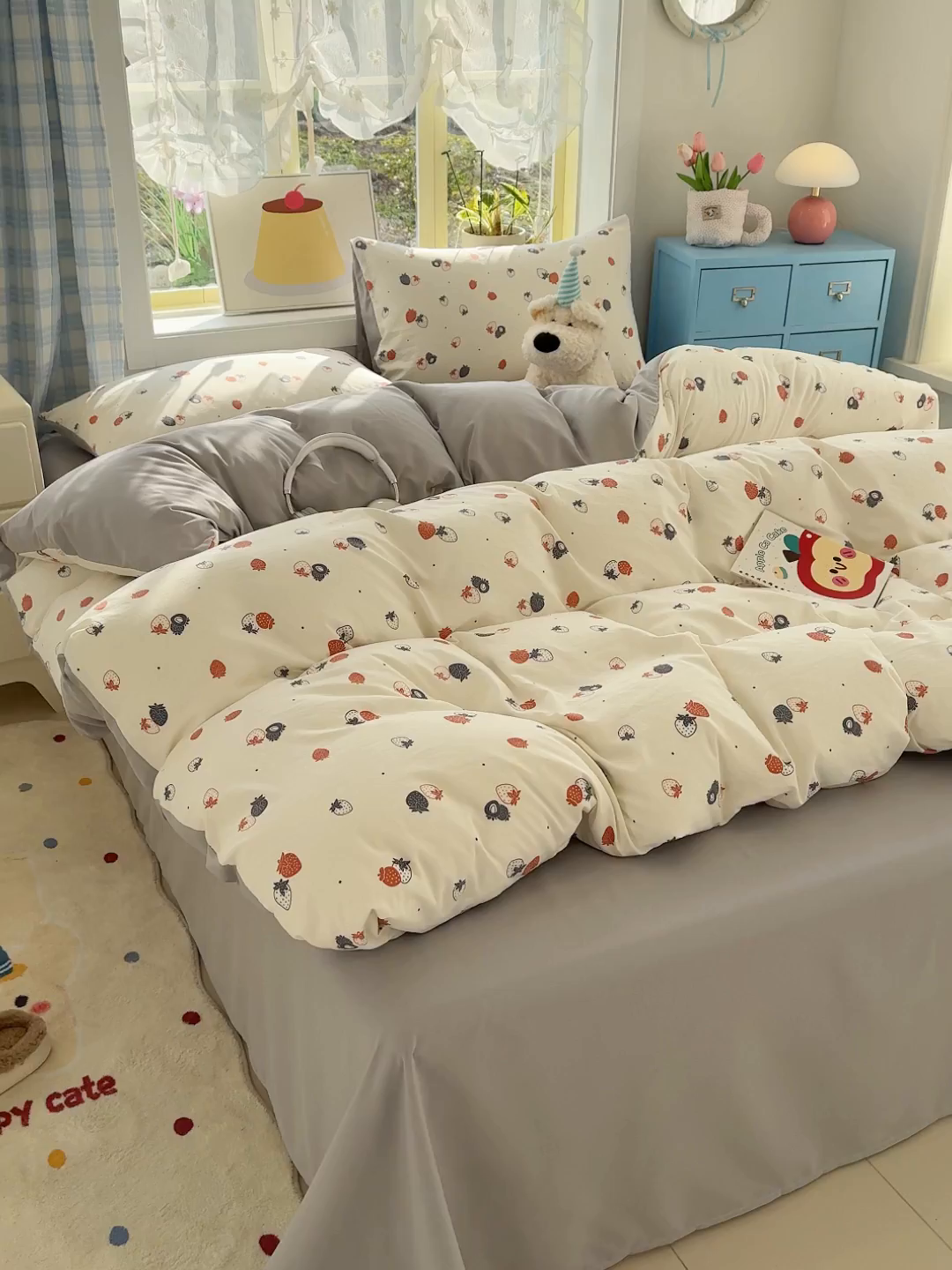 91家纺网 家纺一手货源 找家纺 元禾 2026新款A类古法水洗仿棉云感纱四件套 草莓啵啵