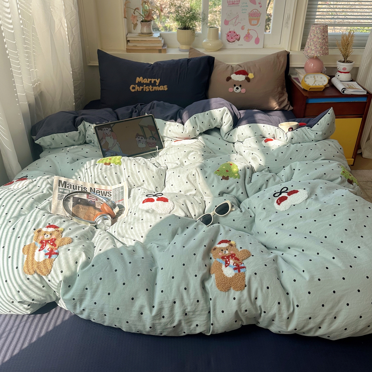 顾里家纺 2026春夏新款ins可爱风云朵毛巾绣四件套（会员-3元  床笠定制不退换0 圣诞熊仔