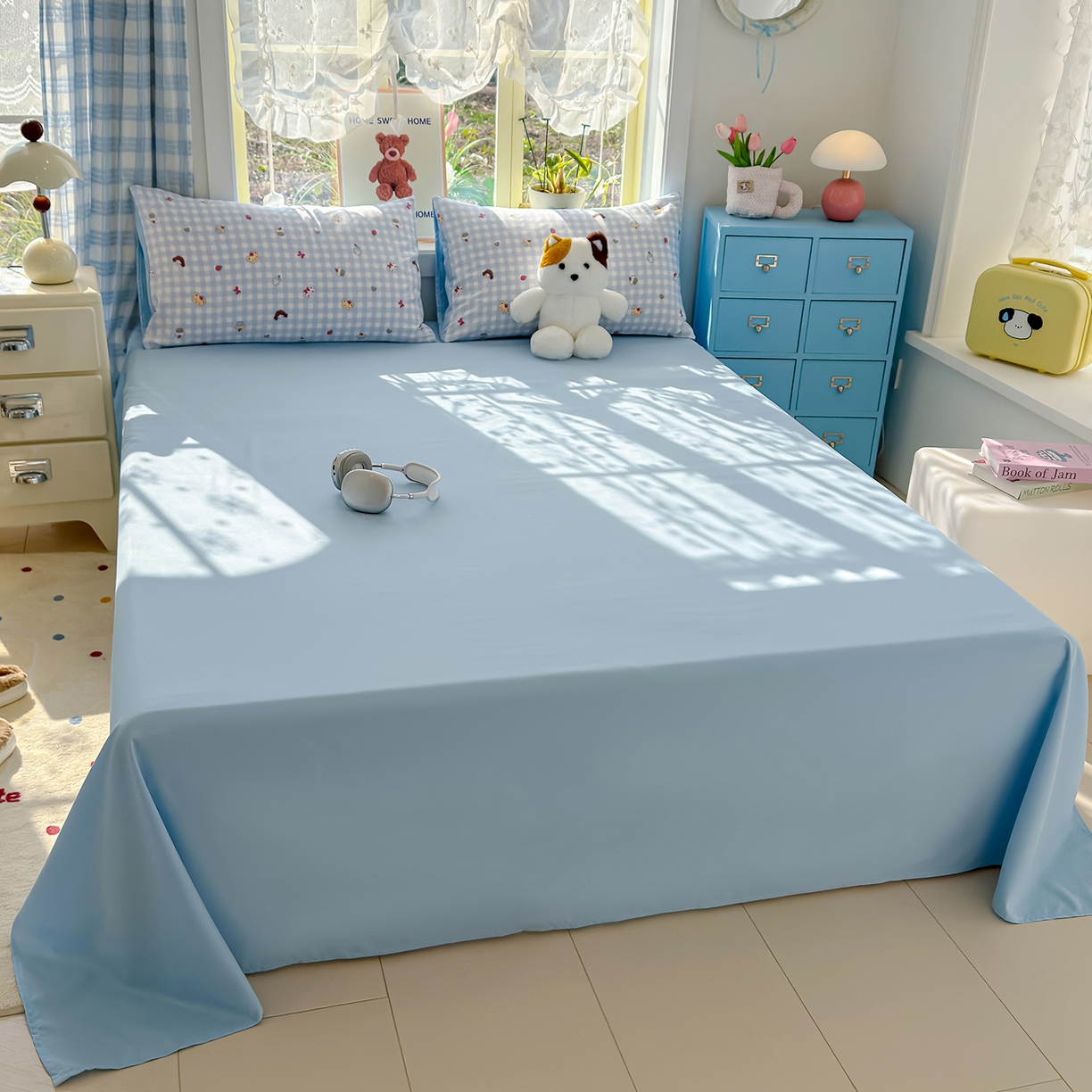 91家纺网 家纺一手货源 找家纺 元禾 2026新款A类古法水洗仿棉云感纱四件套 草莓熊-蓝