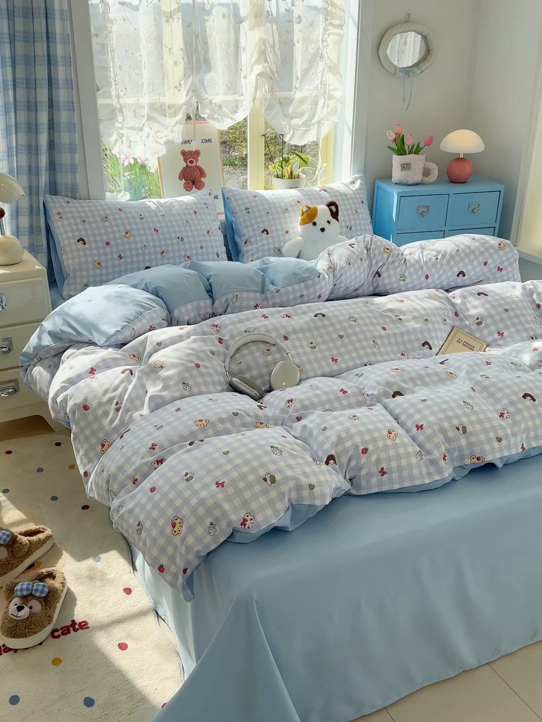 91家纺网 家纺一手货源 找家纺 元禾 2026新款A类古法水洗仿棉云感纱四件套 草莓熊-蓝