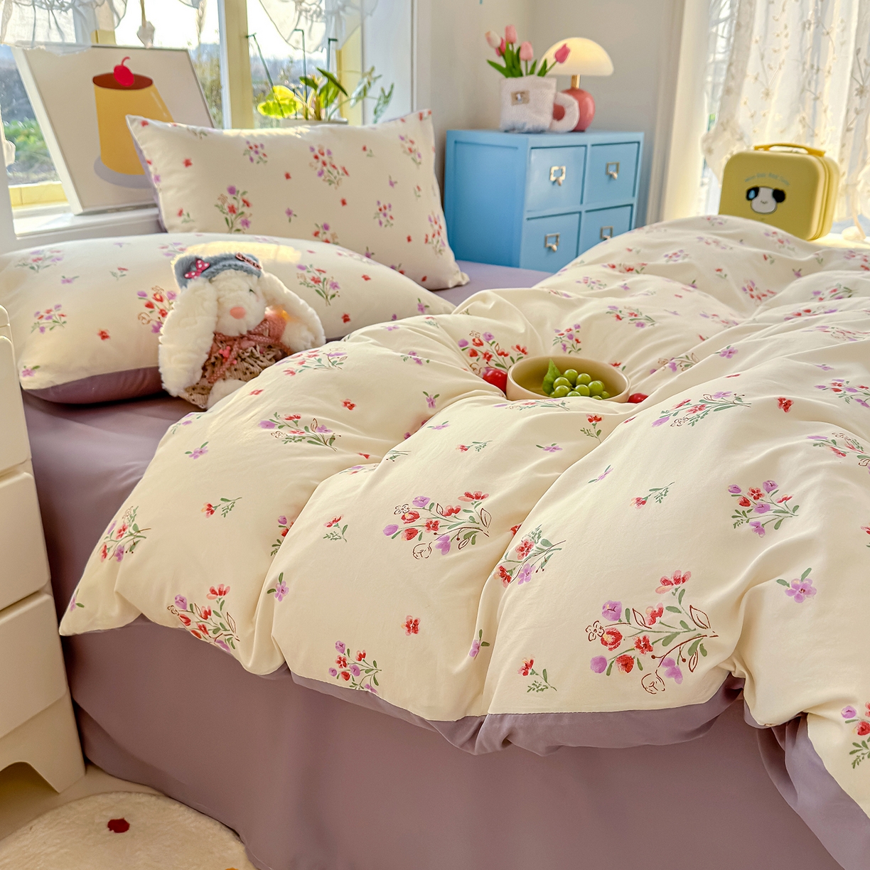 91家纺网 家纺一手货源 找家纺 元禾 2026新款A类古法水洗仿棉云感纱四件套 丁香紫