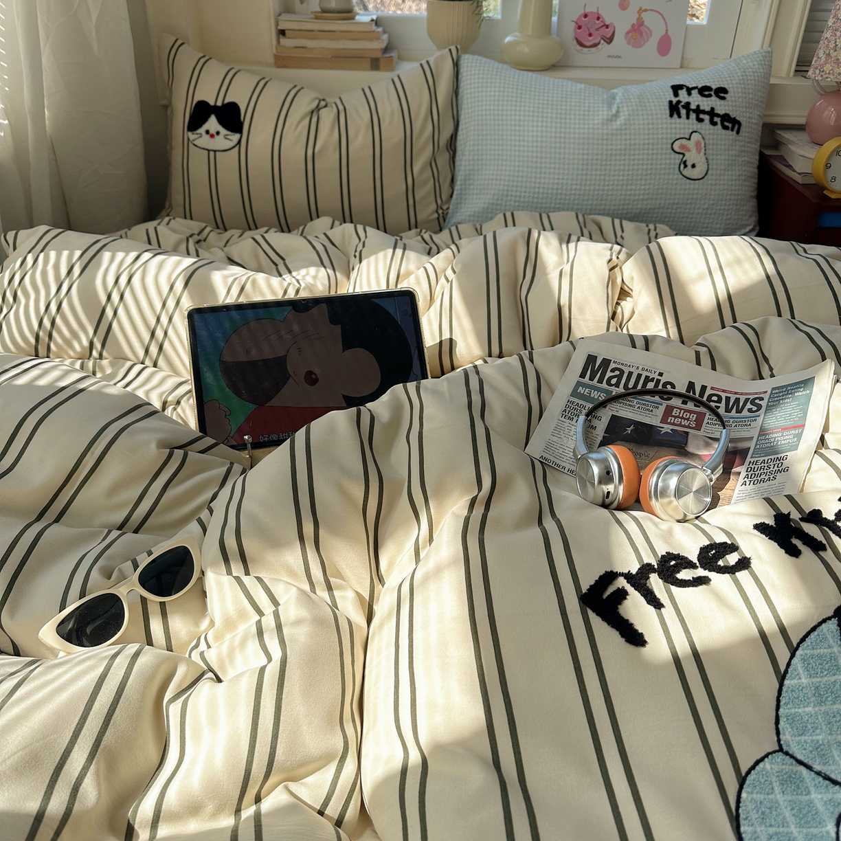 91家纺网 家纺一手货源 找家纺 顾里家纺 2026春夏新款ins可爱风云朵毛巾绣四件套（会员-3元  床笠定制不退换0 竖条猫咪