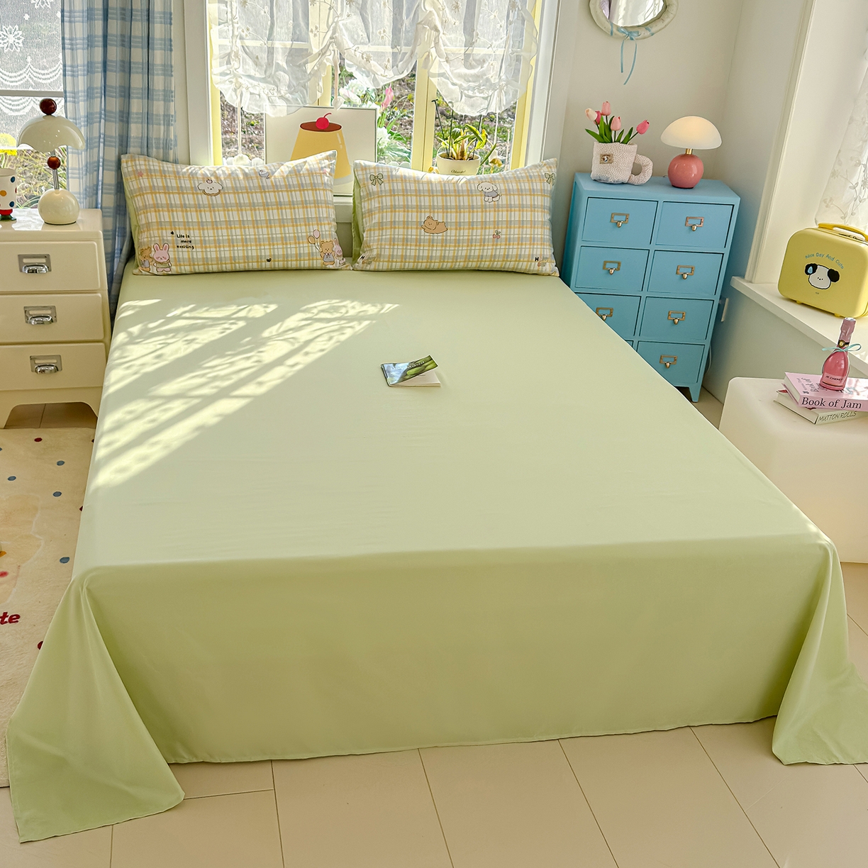 91家纺网 家纺一手货源 找家纺 元禾 2026新款A类古法水洗仿棉云感纱四件套 格纹萌友团