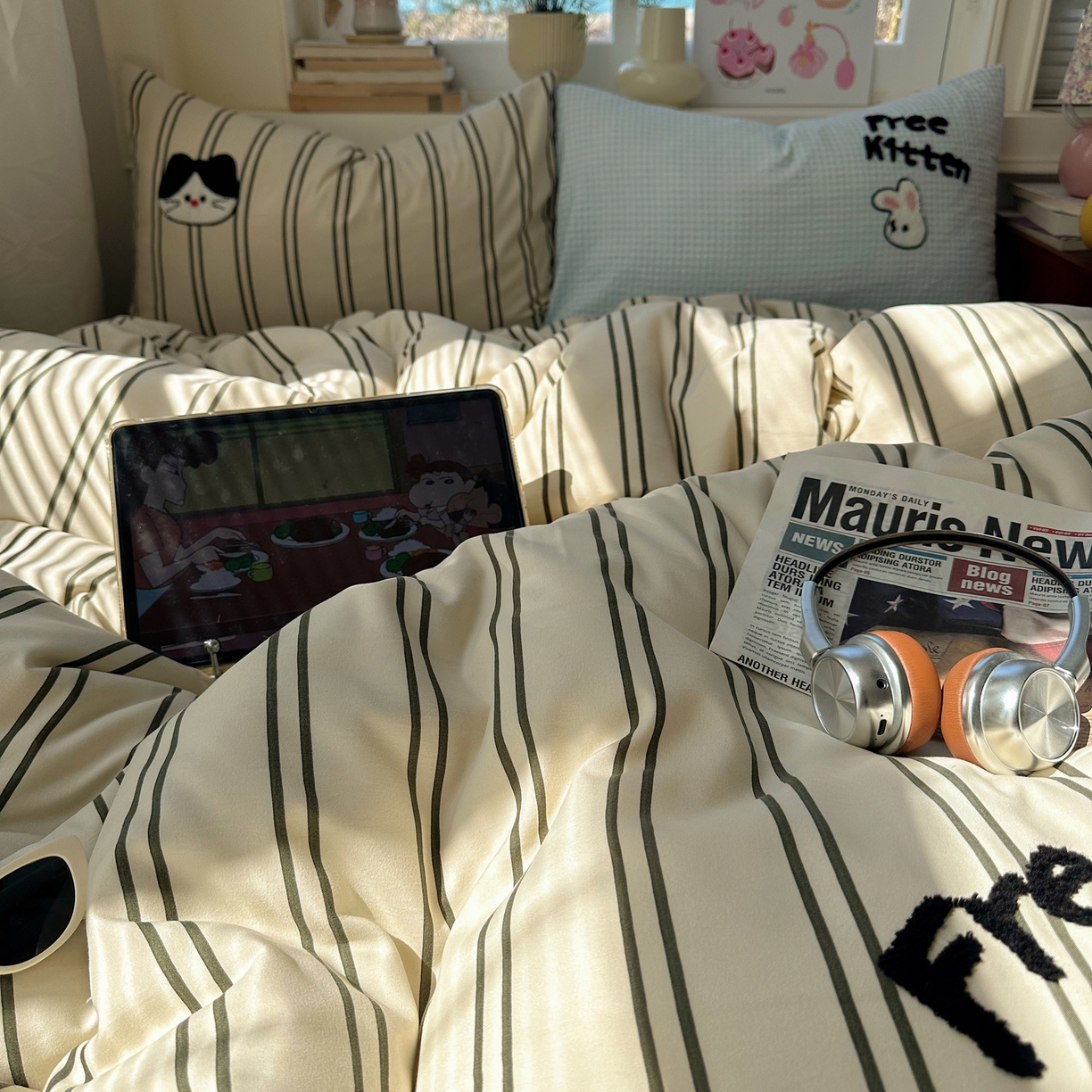 91家纺网 家纺一手货源 找家纺 顾里家纺 2026春夏新款ins可爱风云朵毛巾绣四件套（会员-3元  床笠定制不退换0 竖条猫咪