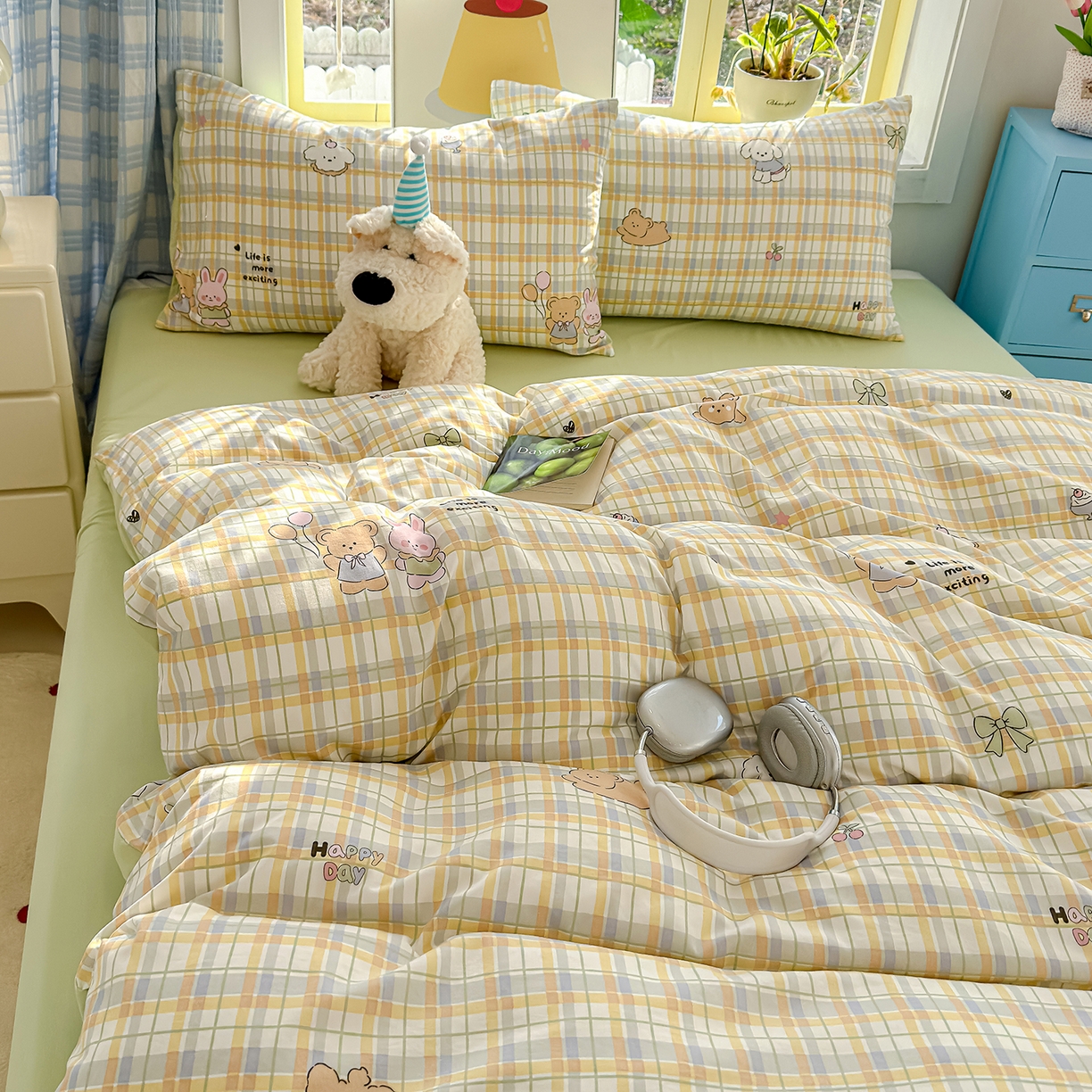 91家纺网 家纺一手货源 找家纺 元禾 2026新款A类古法水洗仿棉云感纱四件套 格纹萌友团