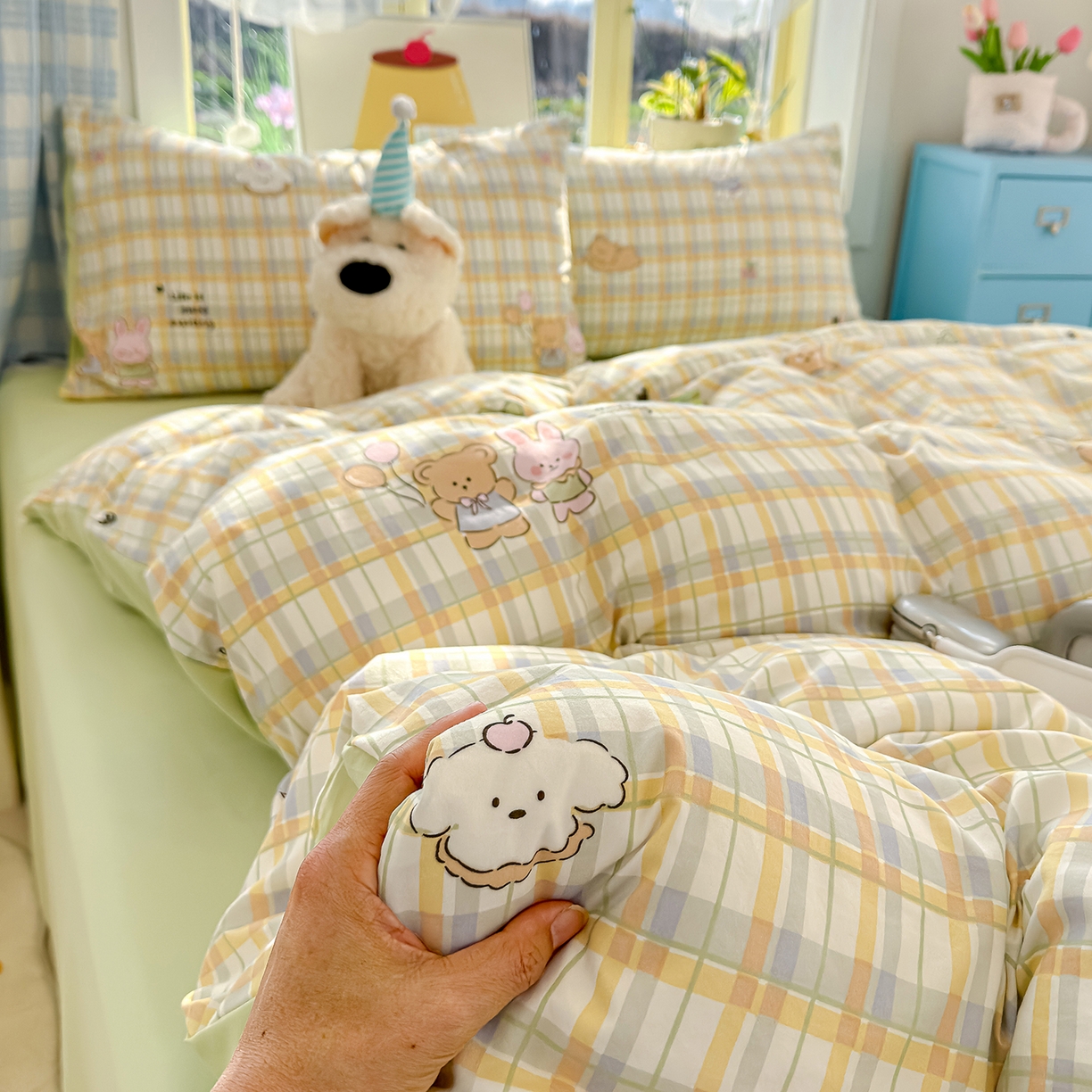 91家纺网 家纺一手货源 找家纺 元禾 2026新款A类古法水洗仿棉云感纱四件套 格纹萌友团