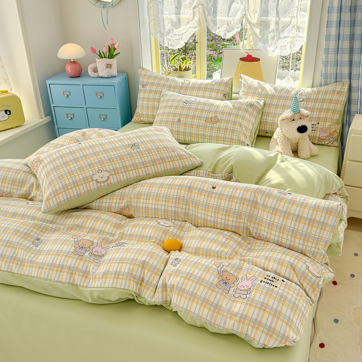 91家纺网 家纺一手货源 找家纺 元禾 2026新款A类古法水洗仿棉云感纱四件套 格纹萌友团