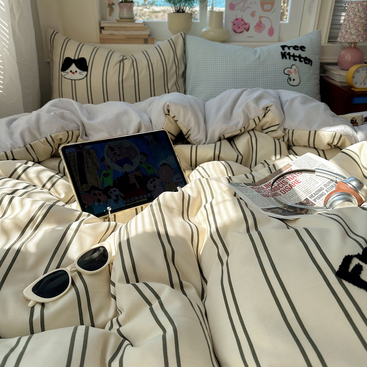 91家纺网 家纺一手货源 找家纺 顾里家纺 2026春夏新款ins可爱风云朵毛巾绣四件套（会员-3元  床笠定制不退换0 竖条猫咪