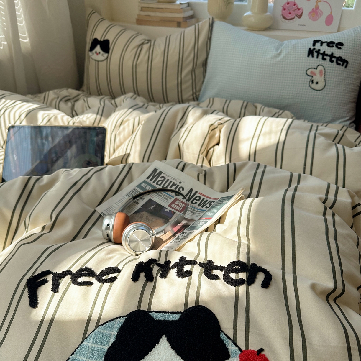 91家纺网 家纺一手货源 找家纺 顾里家纺 2026春夏新款ins可爱风云朵毛巾绣四件套（会员-3元  床笠定制不退换0 竖条猫咪