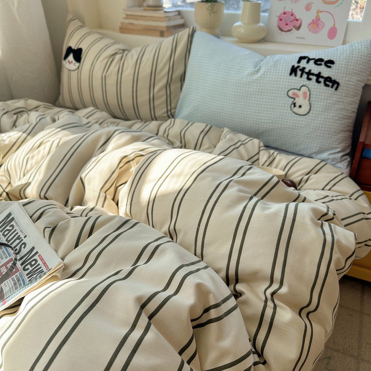 91家纺网 家纺一手货源 找家纺 顾里家纺 2026春夏新款ins可爱风云朵毛巾绣四件套（会员-3元  床笠定制不退换0 竖条猫咪