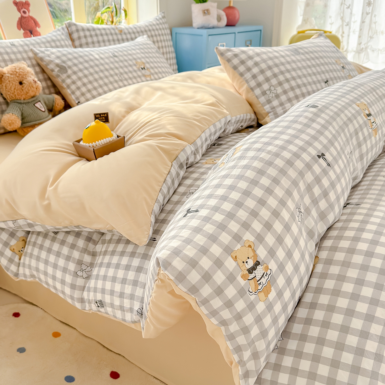 元禾 2026新款A类古法水洗仿棉云感纱四件套 格子熊