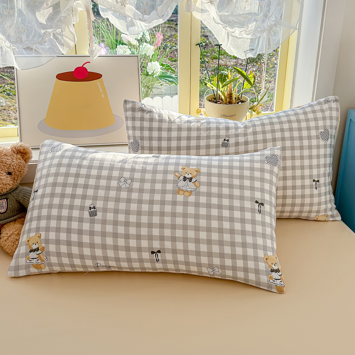 91家纺网 家纺一手货源 找家纺 元禾 2026新款A类古法水洗仿棉云感纱四件套 格子熊