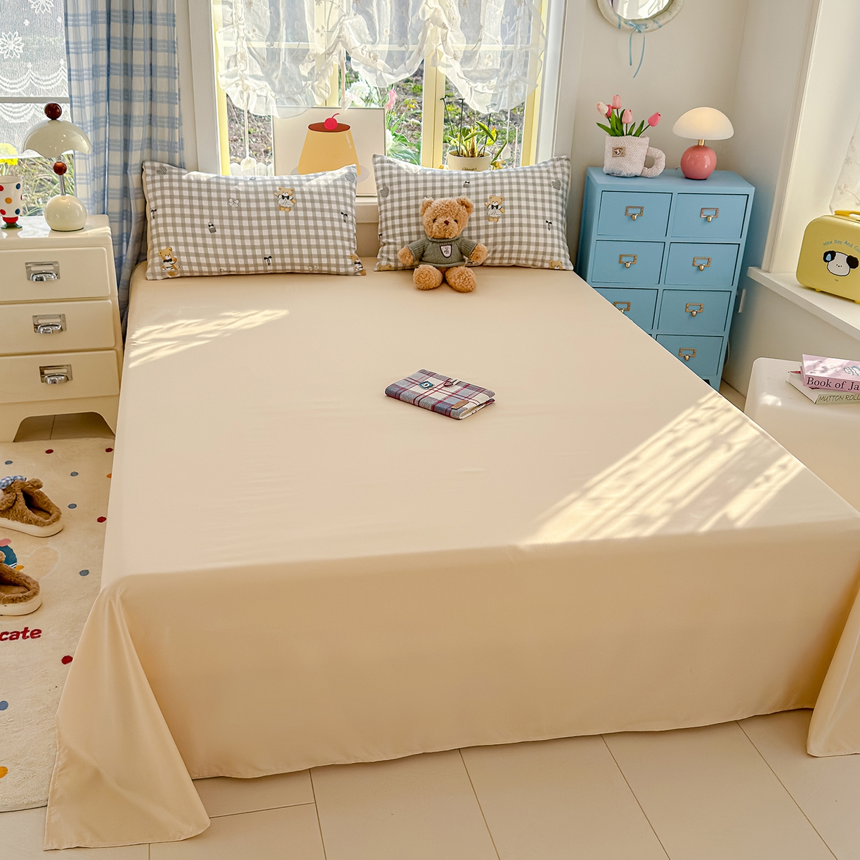 91家纺网 家纺一手货源 找家纺 元禾 2026新款A类古法水洗仿棉云感纱四件套 格子熊