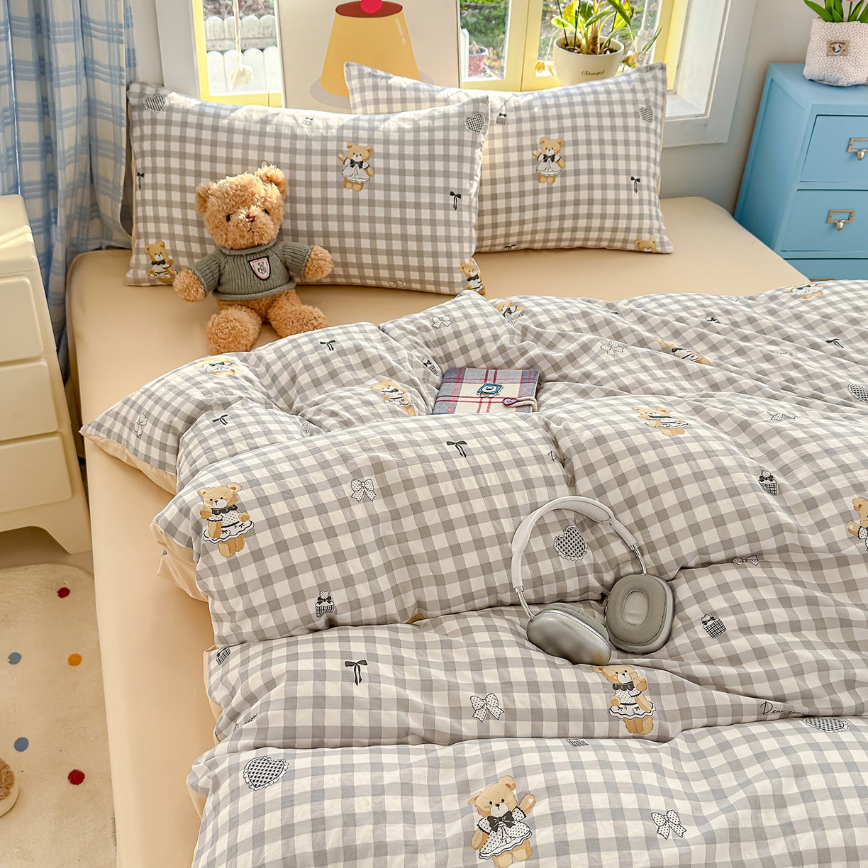 91家纺网 家纺一手货源 找家纺 元禾 2026新款A类古法水洗仿棉云感纱四件套 格子熊