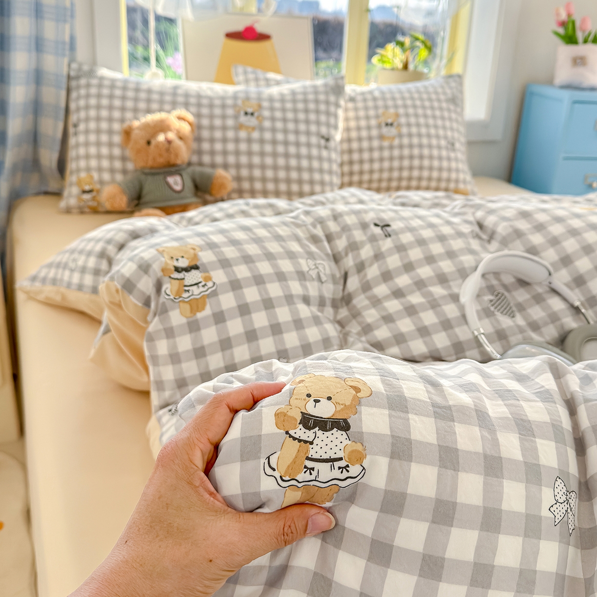 91家纺网 家纺一手货源 找家纺 元禾 2026新款A类古法水洗仿棉云感纱四件套 格子熊